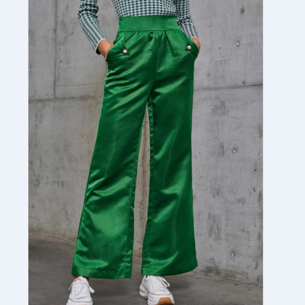 High Waist Satin Flare Pants with Pockets